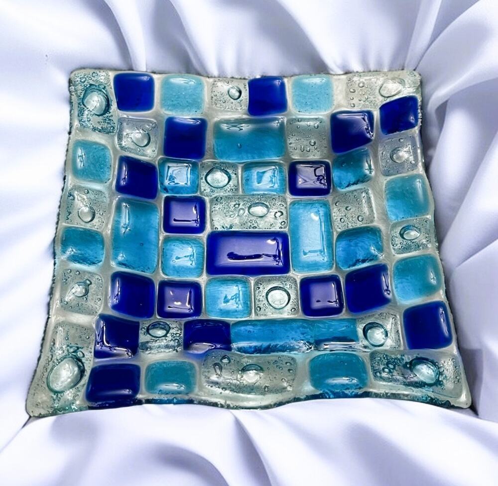 Vintage Turquoise, Cobalt Blue & Clear Fused Glass Mosaic 4 1/2" Trinket Dish